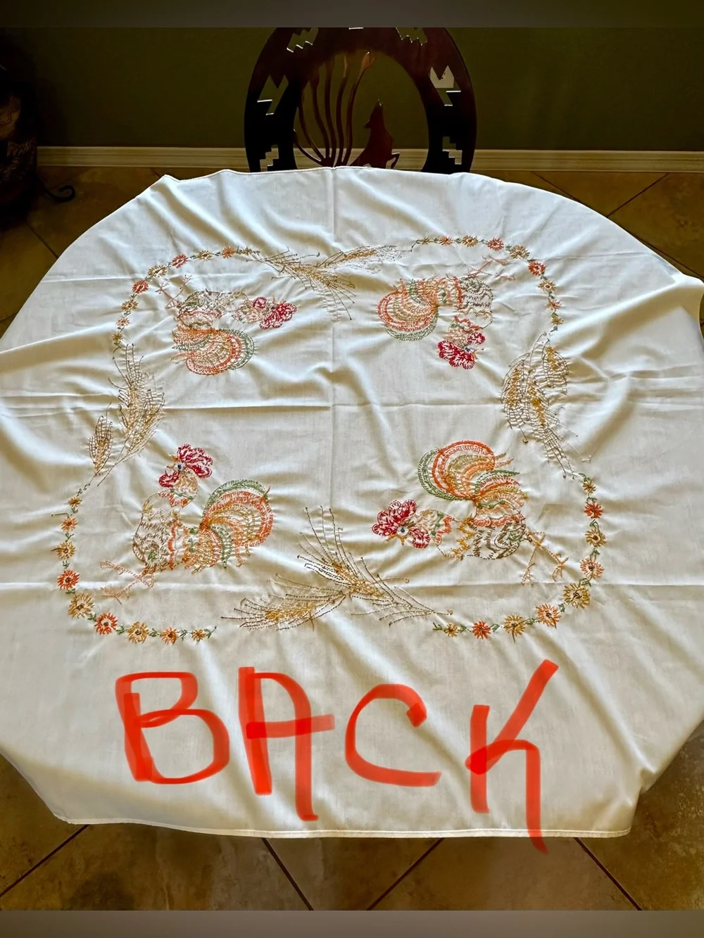 Handmade white Tablecloth embroidered w/colorful Roosters & wheat border. Clean!